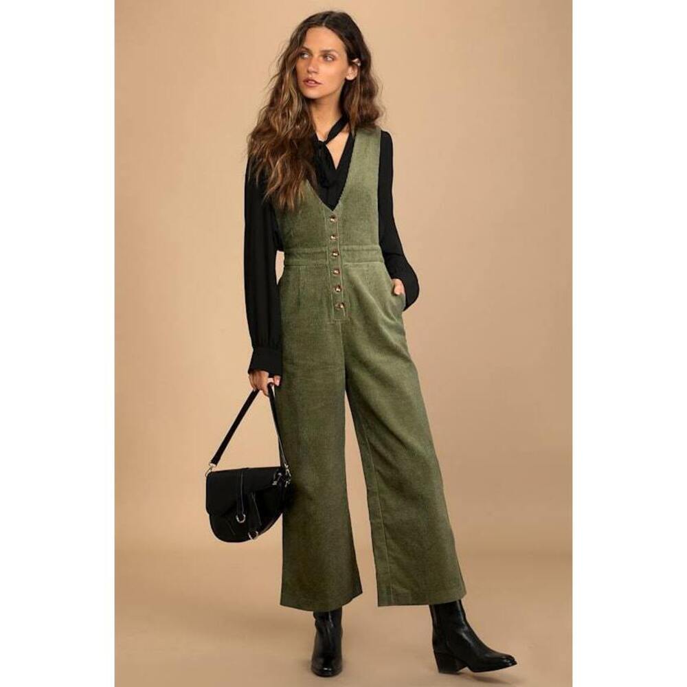 Lulus Have Hope Olive Green Corduroy Wide-leg Overall Jumpsuit - Size XS